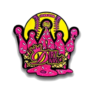 Custom glitter pink crown-shaped softball trading pin, "Dirt Divas," 2025 8U, sprinkles & icing, enamel finish.