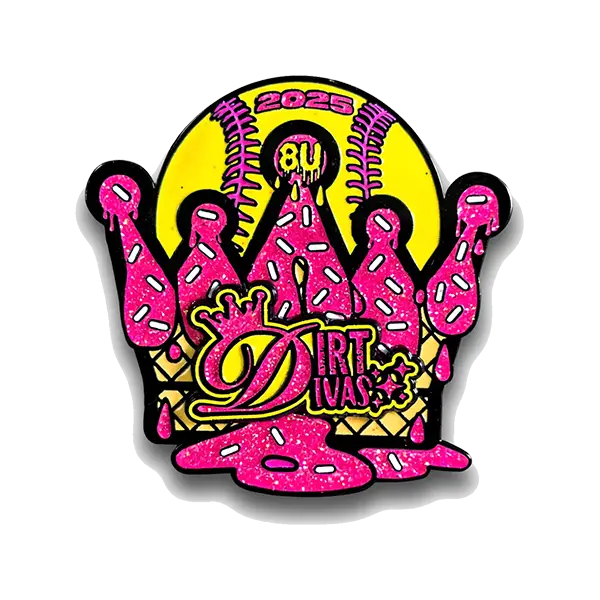 Custom glitter pink crown-shaped softball trading pin, "Dirt Divas," 2025 8U, sprinkles & icing, enamel finish.