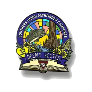 Custom enamel camporee pin with stained-glass look, tree, fish, butterfly, book; like collectible hockey trading pins.